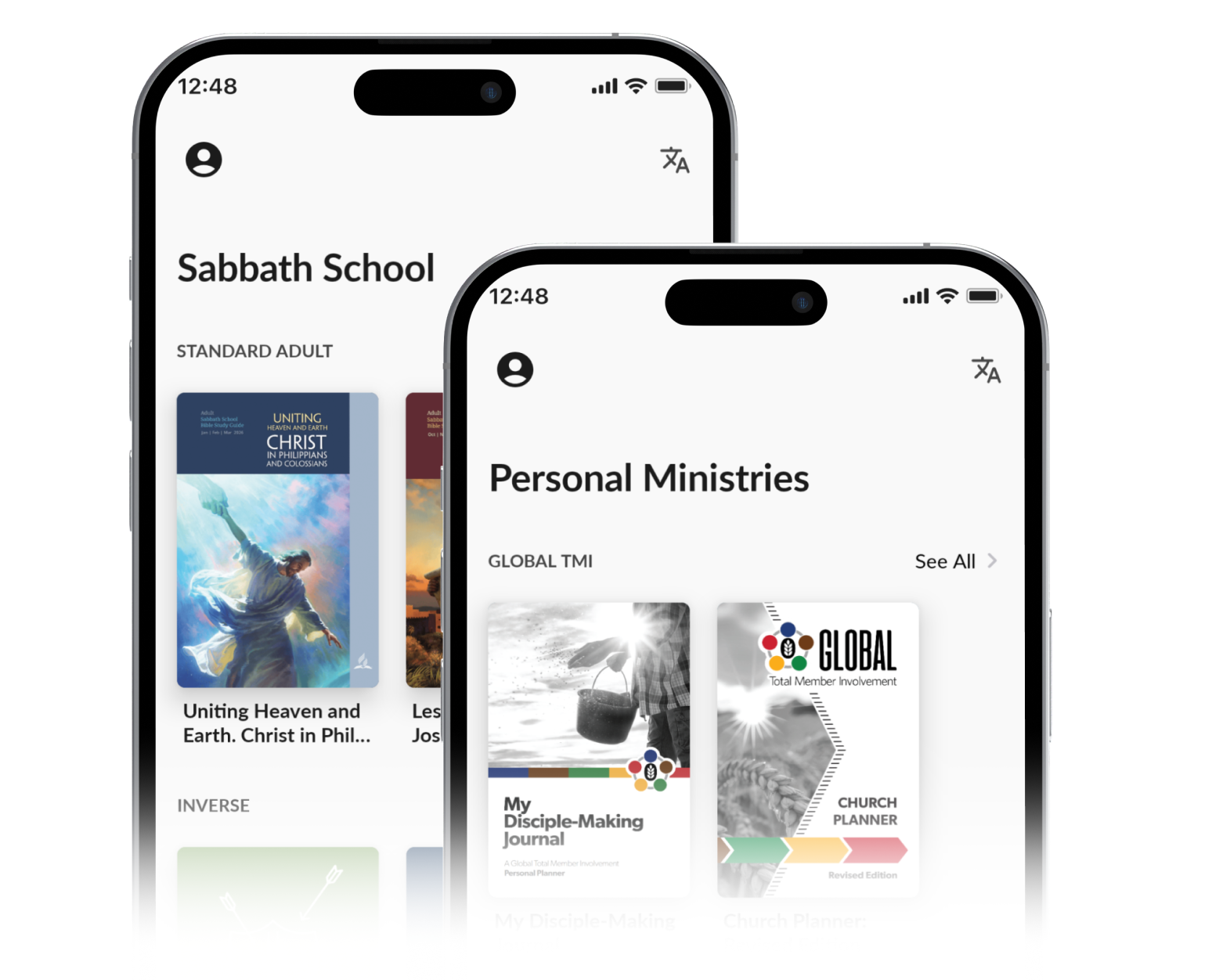 App screens showing Sabbath School and Personal Ministries