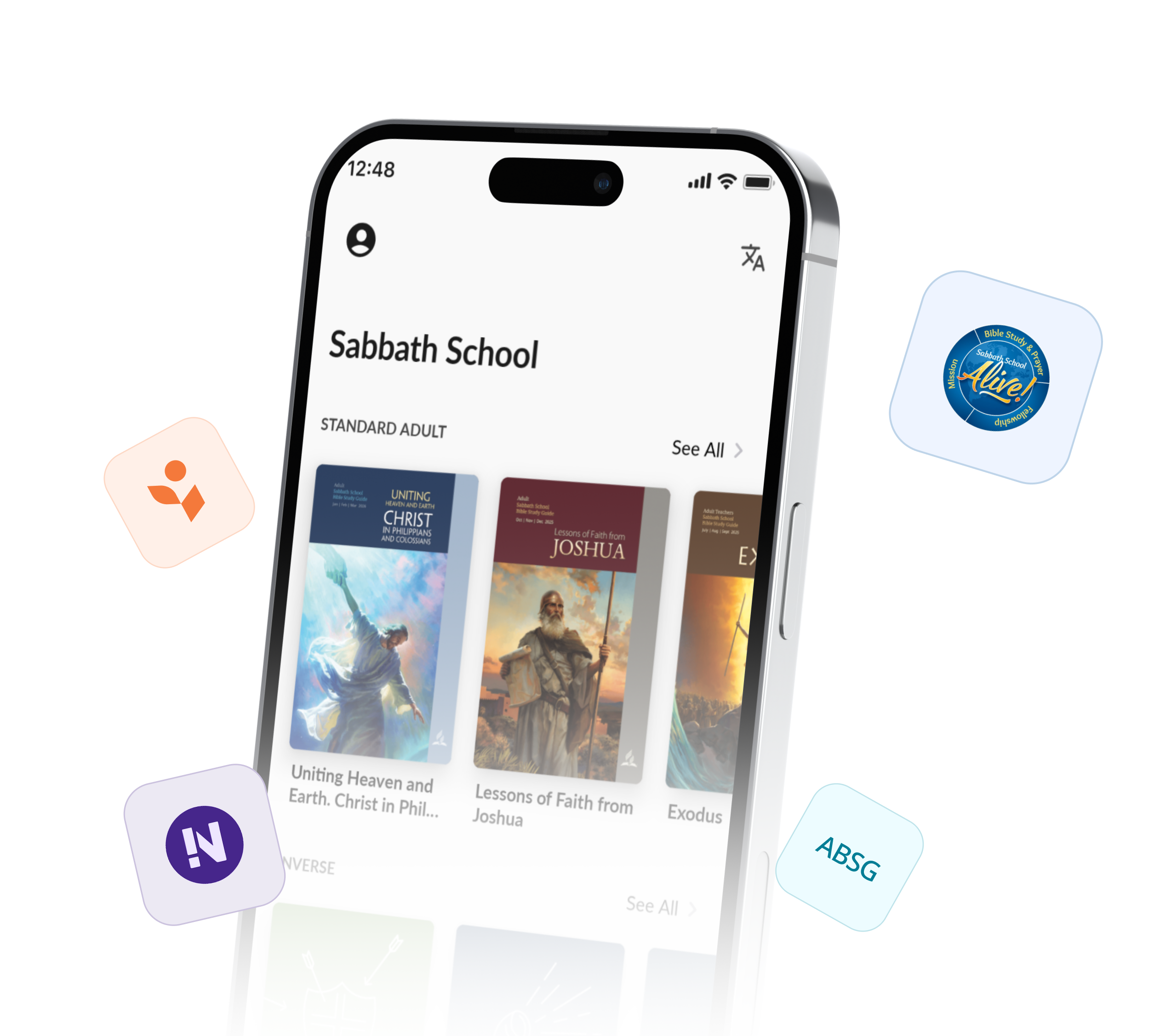 Sabbath School app screen with study materials and icons
