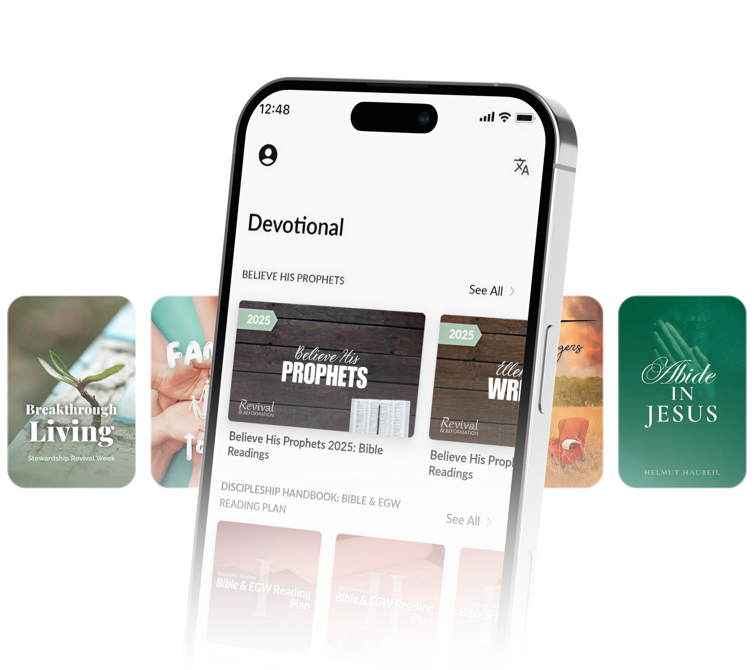 Devotional app screen with reading materials and icons